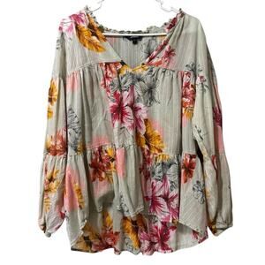 Express‎ Women Size Large Floral Tiered Blouse Lyocell Long Sleeve Cottagecore